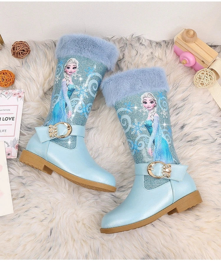 Disney Girls' Leather Boots Winter Cartoon Frozen Boots Zipper High Plush Princess Elsa Boots Warm Children's Boots Size 25-36