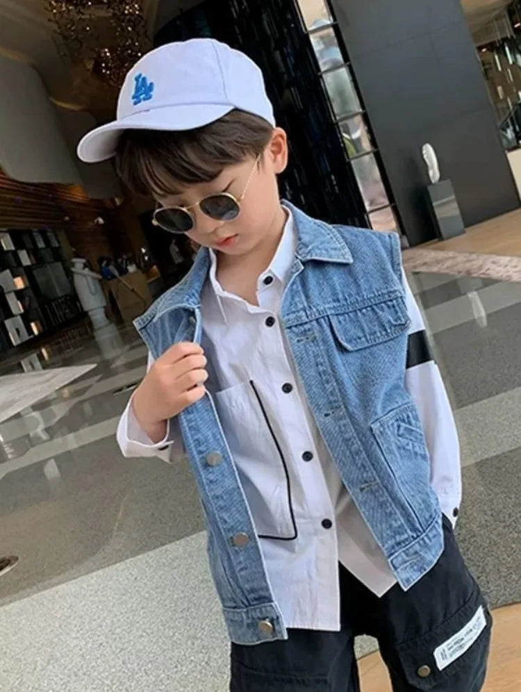 Kids Boys' Korean Style Denim Vest Jacket Spring Autumn Outerwear Versatile Stylish Kids' Clothing