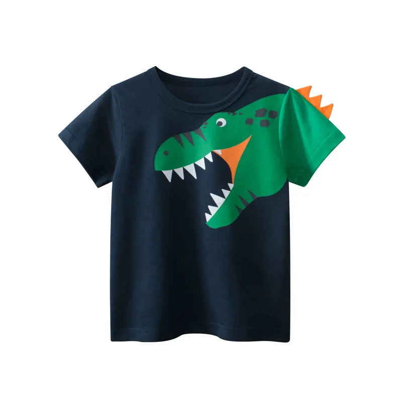 2025 Summer 2 3 4 5 6 8 10 Years Children'S Clothing Dinosaur Car Striped Tees All Match Basic Tops Cartoon T-Shirt For Kids Boy