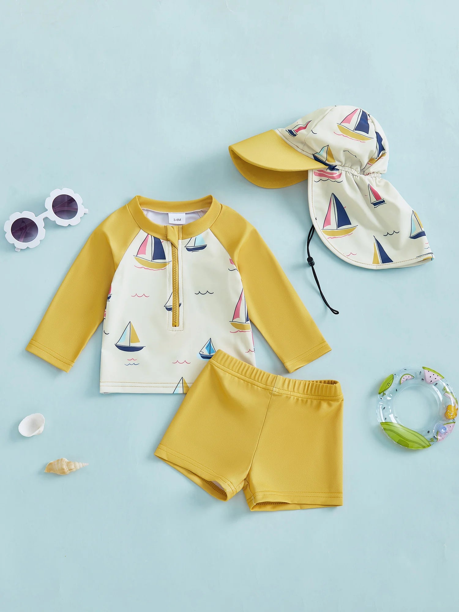 Boys Rash Guard Swimsuit Set with Shark Print Long Sleeve Zipper Tops Solid Shorts and Swim Hat 3 Pcs Outfits for Beach Fun