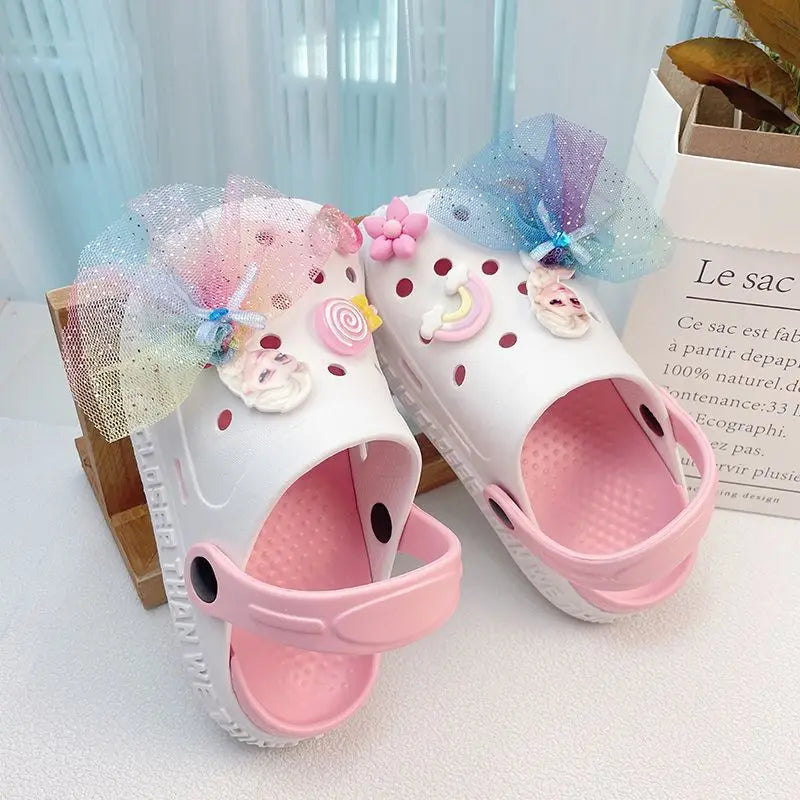 Disney Girls' Slippers Summer Princess Elsa Children's Girls Hole Shoes Summer Frozen Slippers Blue Pink Shoes Size 24-40