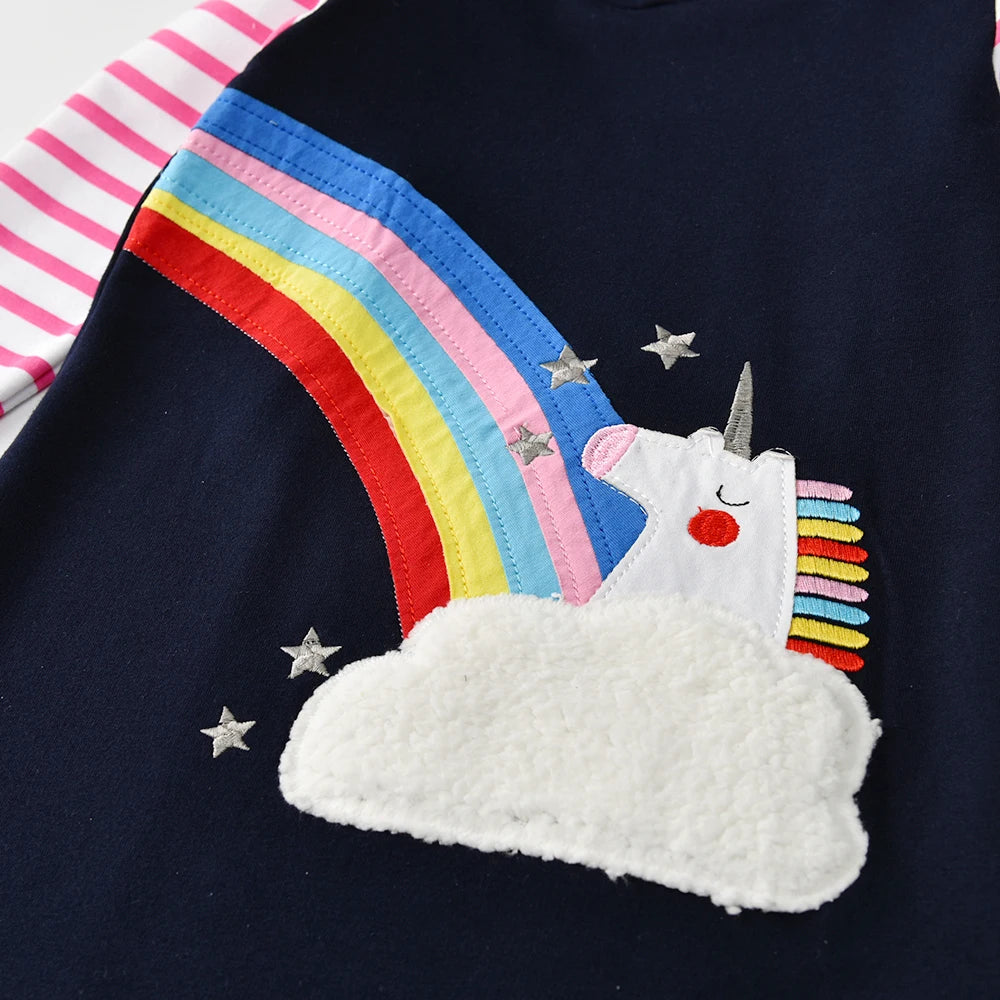 VIKITA Toddlers Hoodies Autumn Spring Winter Straight Dress Kids Unicorn Rainbow Appliqued Striped Street Sports Cotton Dresses