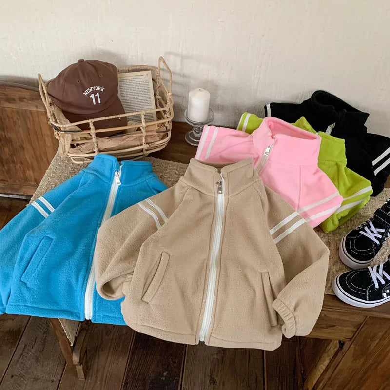 4-10Year Children Outwears Fleece for Winter Autumn Teenager Boy Jackets High Collar Coats Fashion Striped Solid Kid Girl Jacket