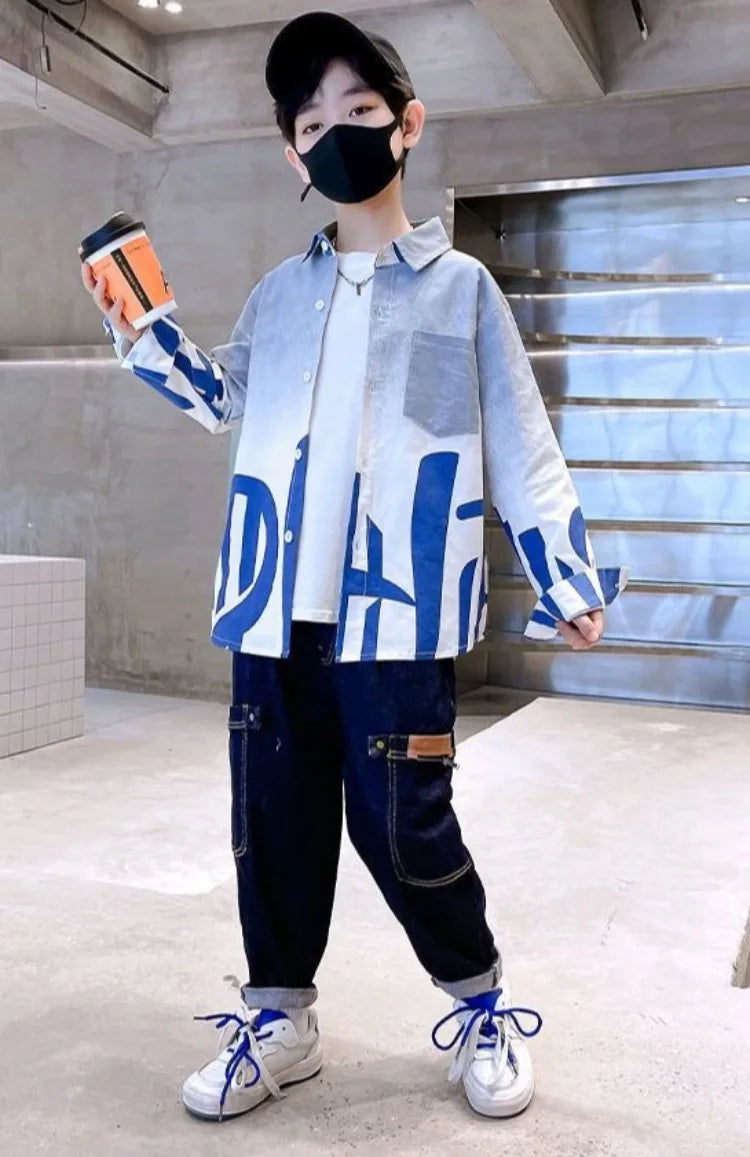 2025 Trendy Tween Boys Gradient Shirt Spring Autumn Summer Kids Clothing Hot Sale Unique Fashion Design