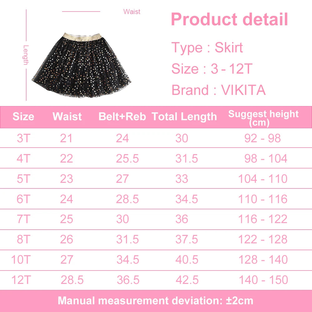 VIKITA Girls Golden Silvery Star Sequins Mesh Tutu Skirts Glittery Black Tulle Princess Party Dance Ballet Elegant Mini Skirt
