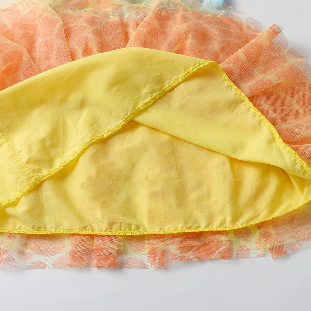 VIKITA Girls Sleeveless Summer Patchwork Dress Kids Giraffe Cartoon Print Infantil Vestidos Kids Mesh Tulle Party Casual Dresses