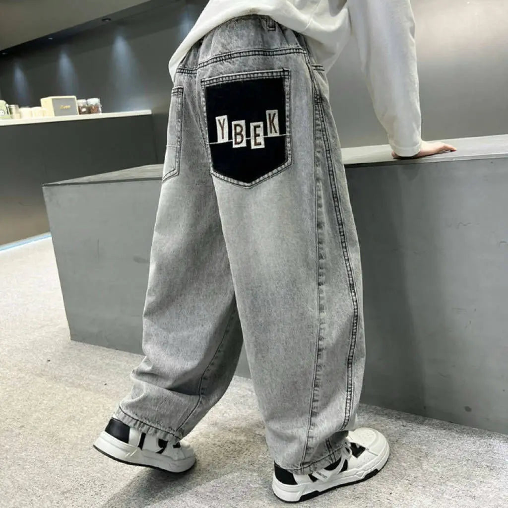 Light Grey Boys' Denim Pants Spring Autumn Casual Relaxed Fit Medium To Large Kids Jeans
