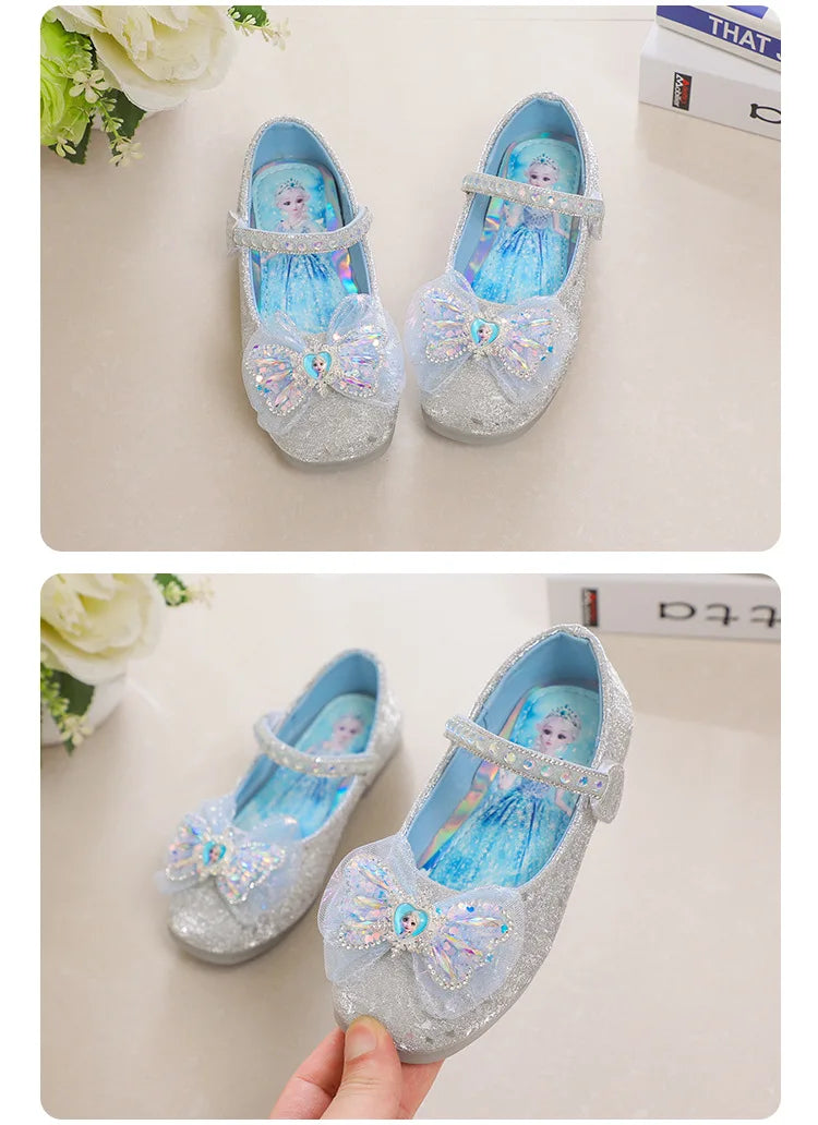 Kids'Casual Shoes Elsa Princess Frozen PU Leather Crystal Bow Spring Shoes For Girls Anti-slip Pink Blue Shoes Size 26-36