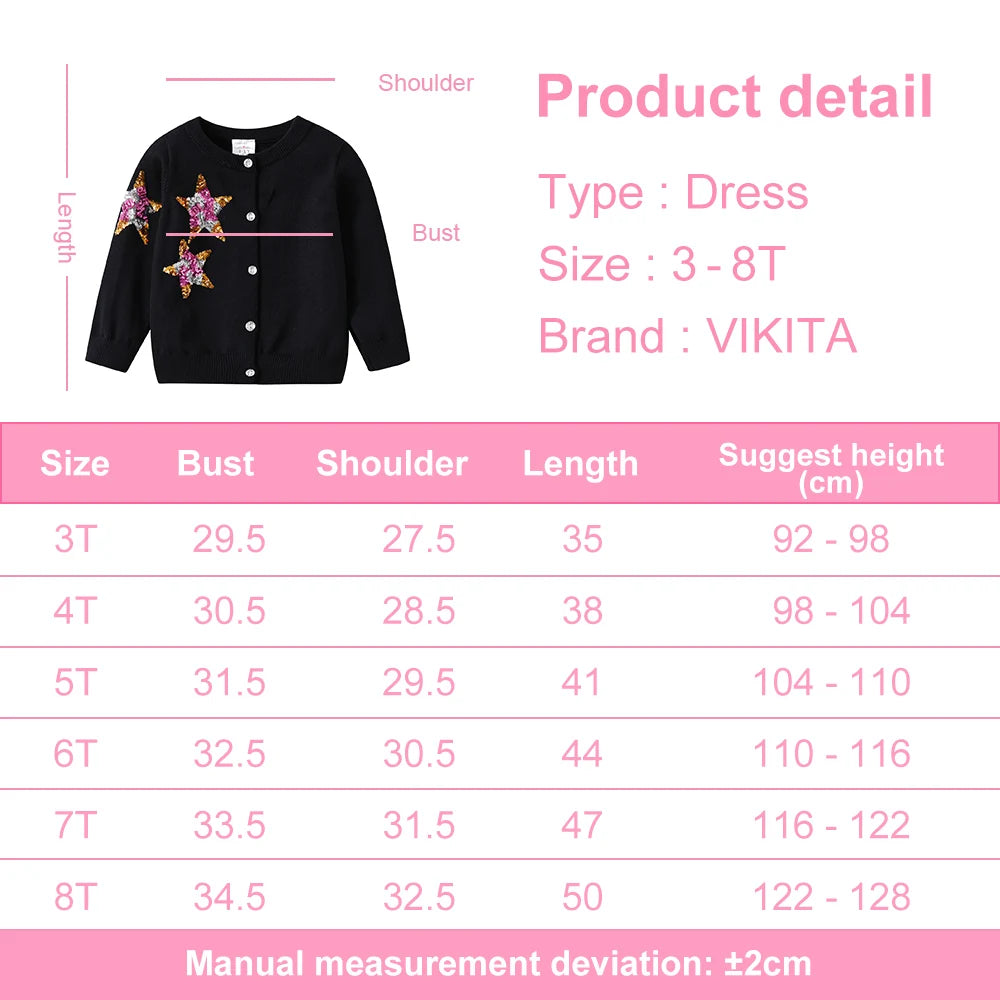 Toddlers Black Cardigans Girls Round Neck Button Spring Autumn Outfits Sweaters with Sparkly Sequined Star Appliqued Cardigans