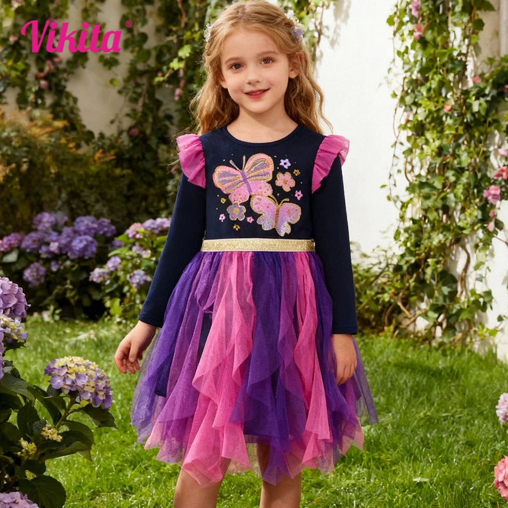 VIKITA Girls Autumn Spring Tutu Mesh Dress Kids Butterfly Flower Print Irregular Dresses Girl Birthday Party Princess Vestidos