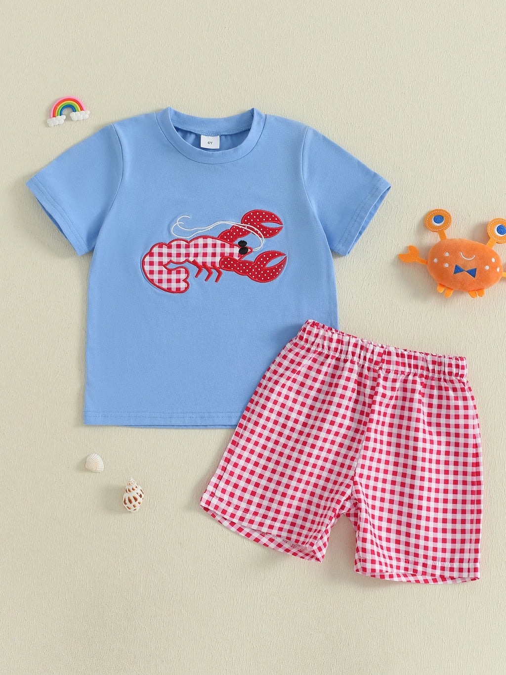Children s Boys Summer Clothing Set with Cute Lobster Embroidered Short-Sleeve T-Shirt and Elastic Waist Shorts 2-Piece Outfit