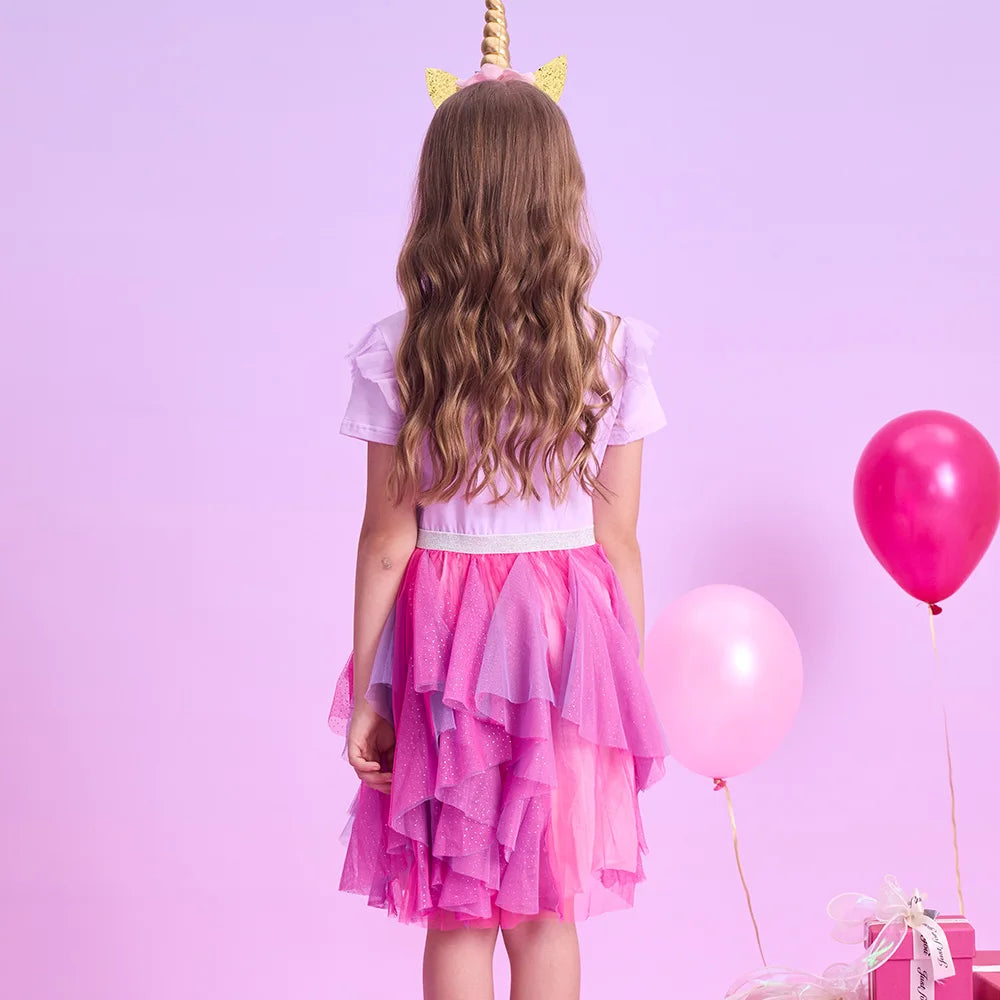 VIKITA Kids Short Sleeve Summer Dress Girls Unicorn Heart Design Dresses Kids Mesh Tulle Layered Cake Irregular Tutu Dresses