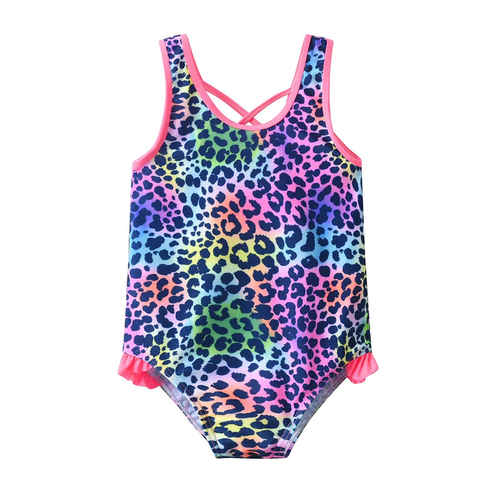 VIKITA Girls Swimming Suits One Piece Swimsuit Leopard Cartoon Kids Swimming Wear Colorful Children Summer Beach Suits Clothing