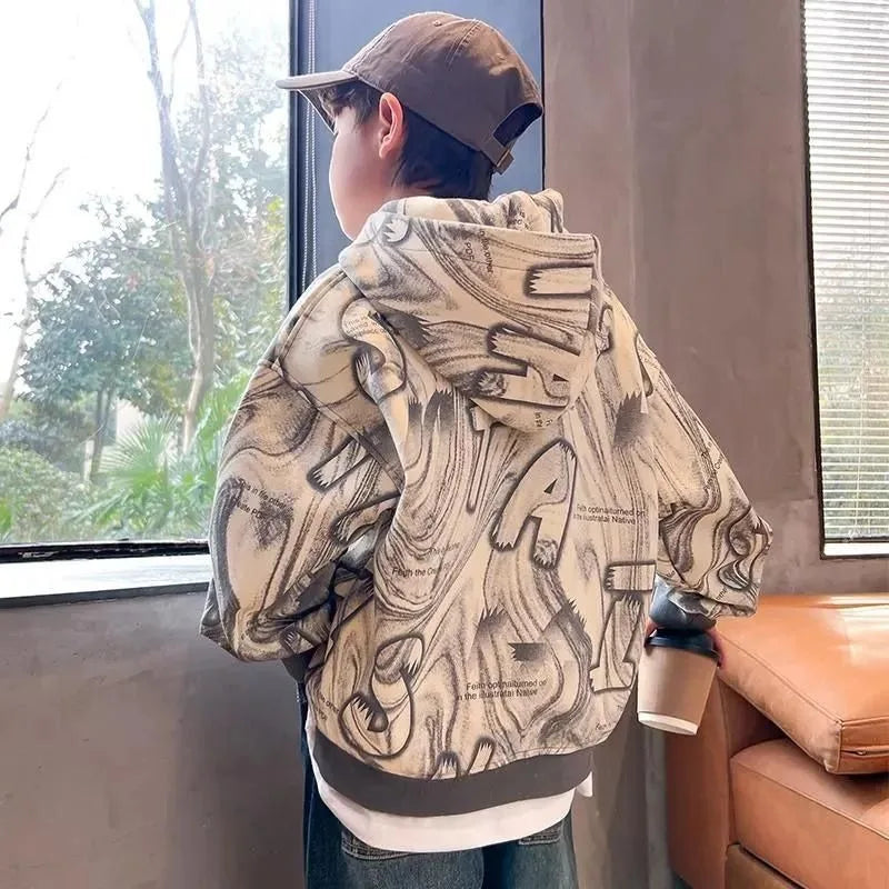 2025 New Boys' Mid-Large Spring-Autumn Trendy Brand Hooded Hoodie - Stylish Kids' Spring Wear Top