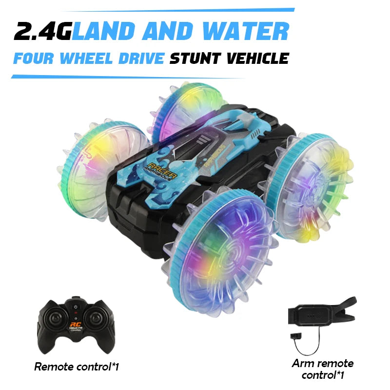 New LED Amphibious RC car Dual remote control waterproof stunt car double side flip drift drive 360 ° rotation rc cars Kids toy