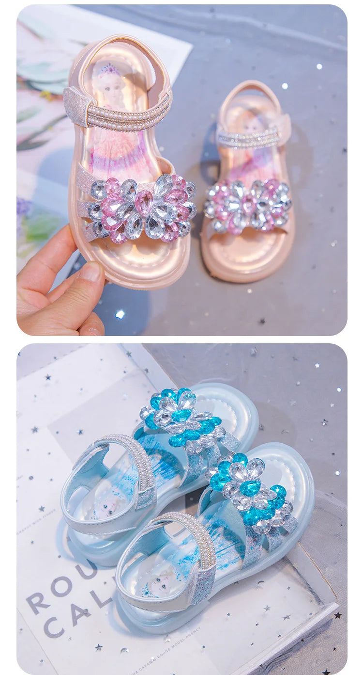 Kids' Sandals Elsa Princess Frozen PU Leather Crystal Summer Flat Shoes For Girls Breathable Anti-slip Blue Pink Size 23-33