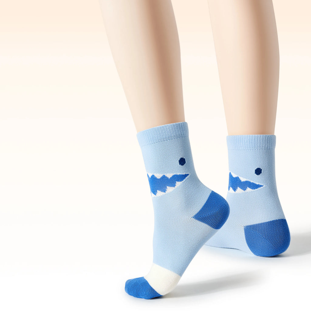Beibi 5-Pair Pack Girls' Mid-Calf Socks Big Mouth Shark Design All-Season Use Suitable for Children 4 Years and Up