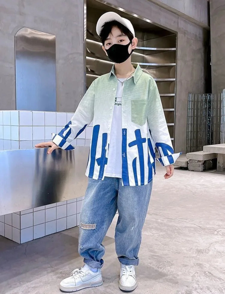 2025 Trendy Tween Boys Gradient Shirt Spring Autumn Summer Kids Clothing Hot Sale Unique Fashion Design
