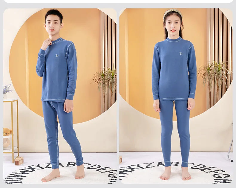Thermal Underwear for Boys Cotton Thicken Warm Autumn Winter Teenage Children Underwears Set Solid Two Pieces Girls Clothing Set