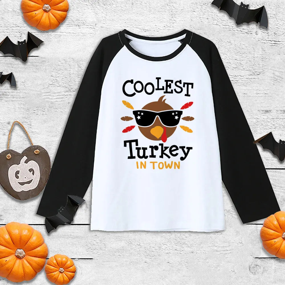 Thanksgiving Boys Girls Shirt Coolest Turkey In Town T-Shirt Kids Thanksgiving Cute Clothes Gift Tee Child Sibling Raglan Shirt
