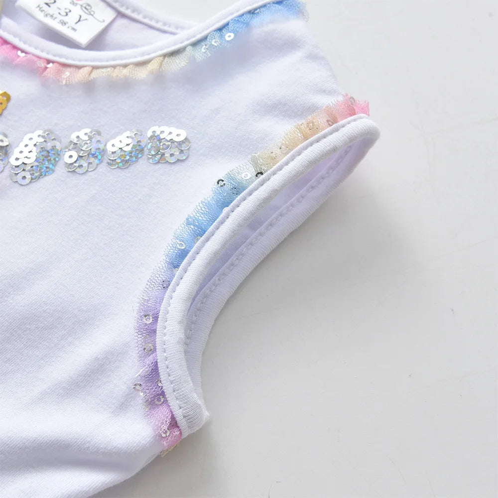 Toddlers Sleeveless Summer Dress Kids Rainbow Sequined Unicorn Appliqued Colorful Starry Tulle Dresses Girls Casual Party Dress