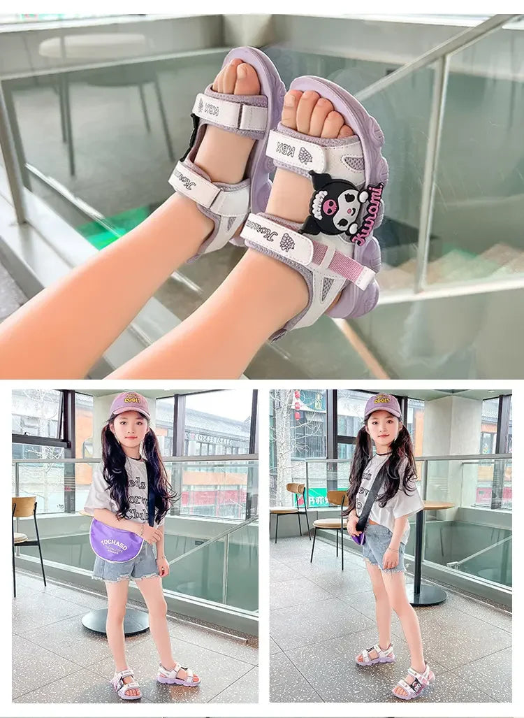 Summer Bestsellers Sanrio Kuromi's New Cute Color-blocked Flat Mesh Breathable and Anti-slip Cartoon Flip-flops for Girls