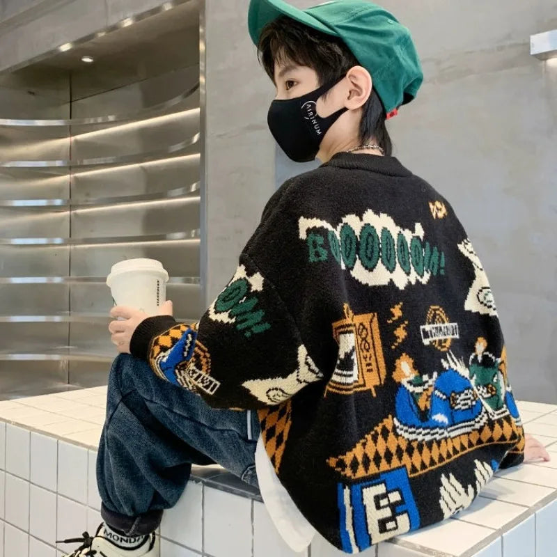 2025 New Boys' Autumn/Winter Fleece-Lined Thickened Pullover Knit Sweater - Warm Base Layer for Kids, Trendy & Cozy Design