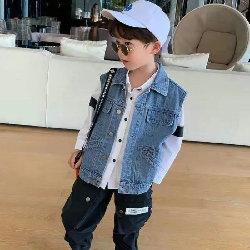 Kids Boys' Korean Style Denim Vest Jacket Spring Autumn Outerwear Versatile Stylish Kids' Clothing