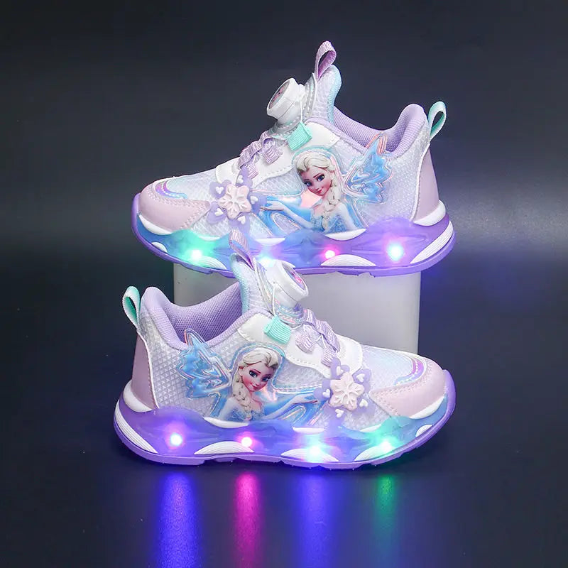 Disney LED Casual Sneakers Spring Girls Frozen Elsa Princess PU Leather Shoes Children Lighted Non-slip Pink Size 23-35