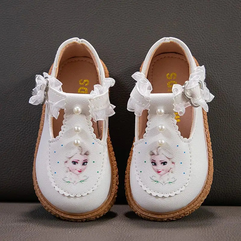 Disney Girls' Leather Shoes Lolita Princess Elsa Shoes Soft Sole Shoes Spring Children's Autumn Girl White Shoes Size 23-35