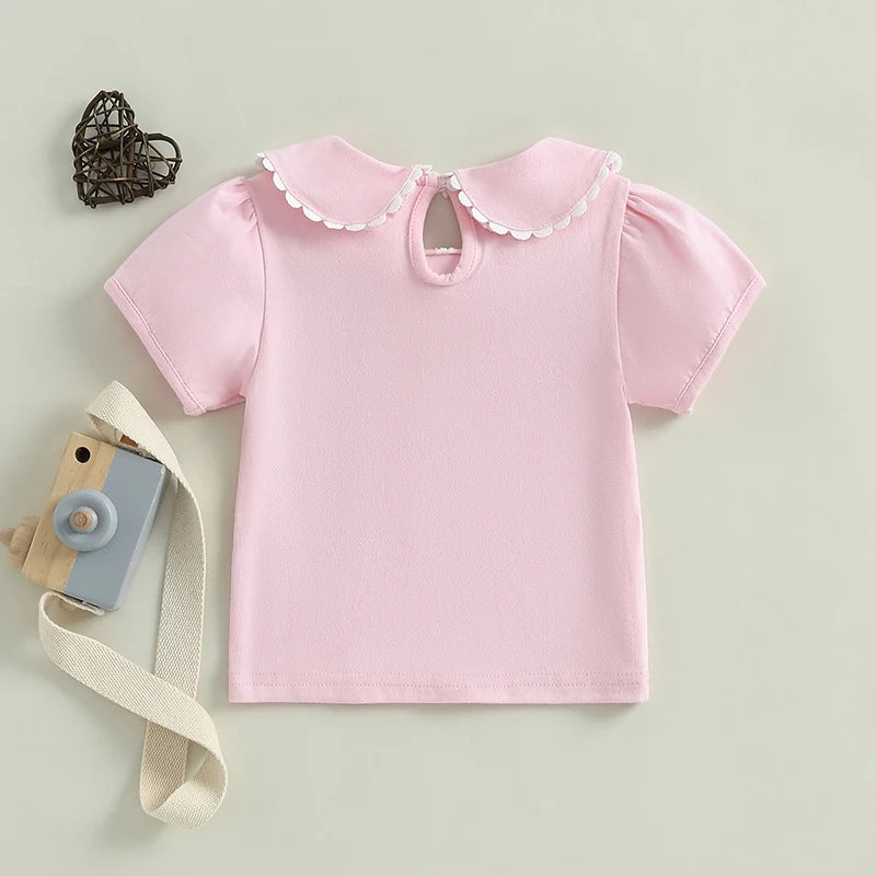 Adorable Baby Girl Summer T-Shirt with Cute Doll Collar and Stylish Contrast Color Short Sleeves for a Casual Look