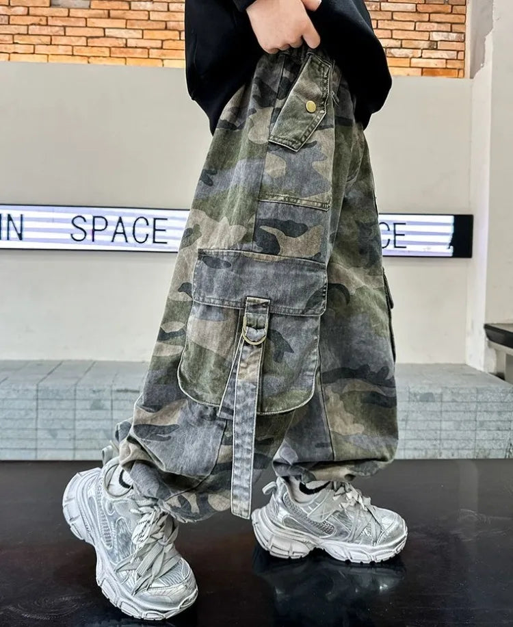 2025 New Boys Autumn Camouflage Tactical Pants - Kids Cargo Pants with Multiple Pockets, Trendy & Comfortable for 8-14 Years Old