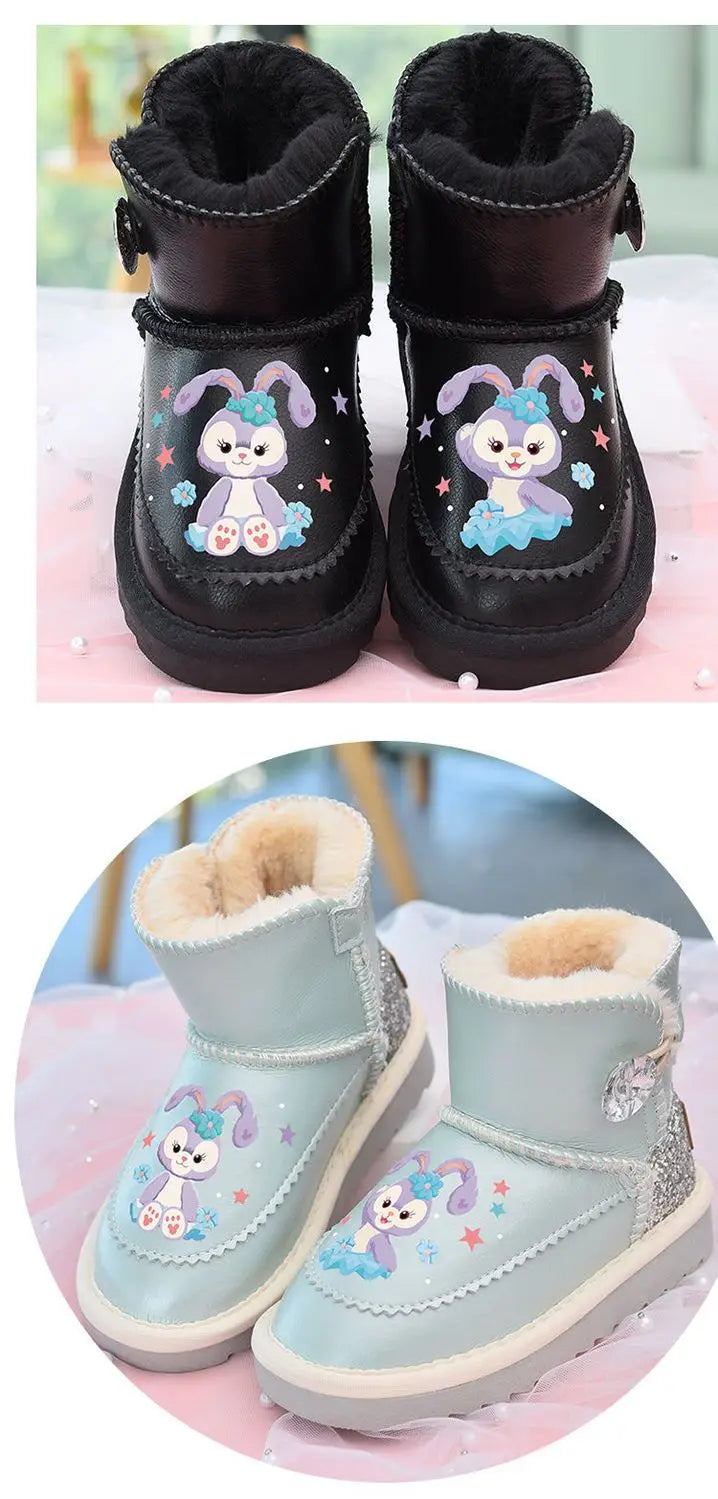 Disney Girls' Snow Boots Genuine Leather StellaLou Cartoon Waterproof Winter Children's Shoes Baby Girls' Thickened Ankle Boots