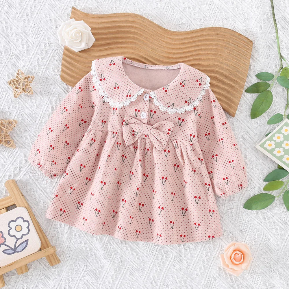 0-3 Year Old Baby Girl Dress, Spring And Autumn New Sweet Bow Cherry Long Sleeved Children'S Clothing