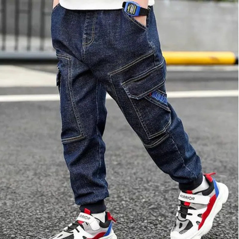 Autumn Winter Boys Fleece-Lined Cargo Pants/Korean Style Thickened Jeans for Toddler Boys