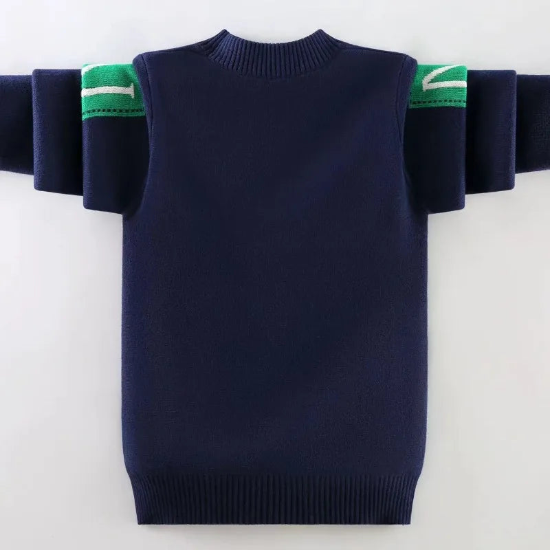 Autumn Winter Boys' Fleece-Lined Thickened Knitwear Pullover Sweater Base Layer for Boys Medium-Large Size Fashionable Knitwear