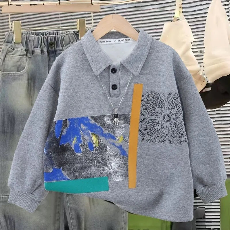 Boys' Medium-Large 2025 New Spring/Autumn No Hood Street-Style Casual Polo Collar Layering Top Trendy Kids Sweatshirt