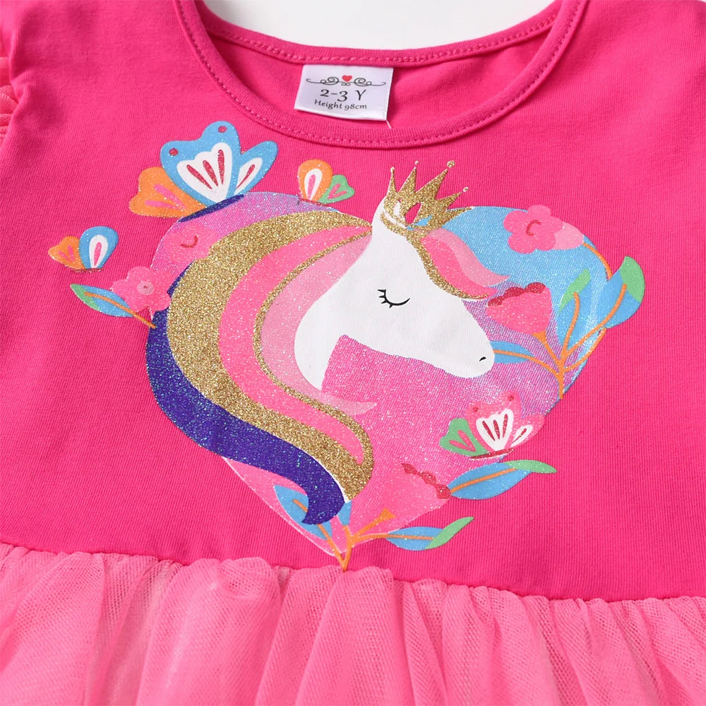 VIKITA New Girls Unicorn Pink Dress Kids Layered Mesh Tulle Tutu Princess Dresses Kids Prom Gown Long Sleeve Autumn Spring Dress