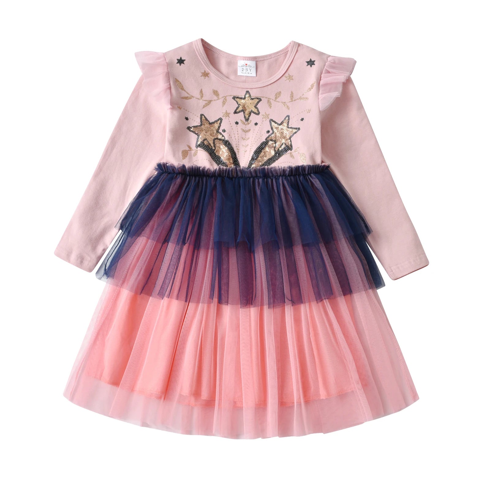 VIKITA Kids Pink Dress Girls Long Sleeve Autumn Spring Dress Kids Star Sequins Appliqued Vestidos Layered Princess Casual Wear