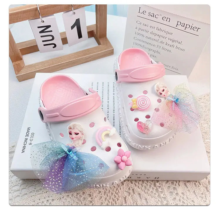 Disney Girls' Slippers Summer Princess Elsa Children's Girls Hole Shoes Summer Frozen Slippers Blue Pink Shoes Size 24-40