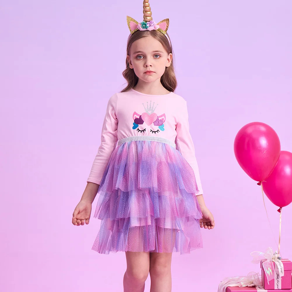 VIKITA Girls Unicorn Cartoon Print Dress Kids Long Sleeve Autumn Spring Pink Dress Girls O Neck Mesh Tulle Tutu Layered Vestidos