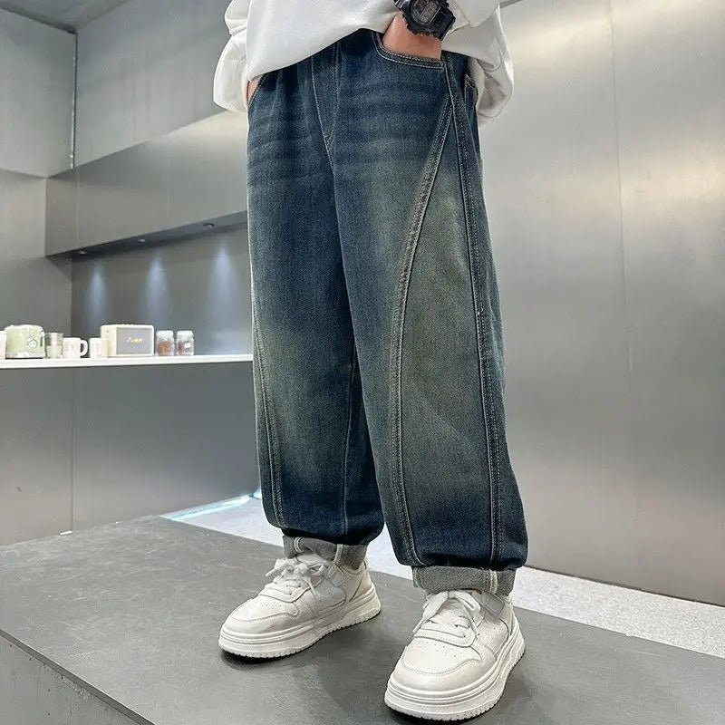 2025 New Korean Style Boys Jeans Spring Autumn Loose Fit Elastic Casual Kids Big Kids Fashion Trendy Jeans