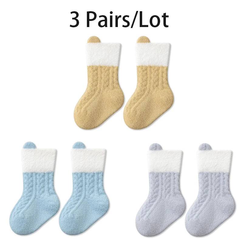 3/6 Pairs Newborn Socks Autumn Winter Thick Solid Color Kids Socks Mid-Tube Baby Socks For Boys And Girls