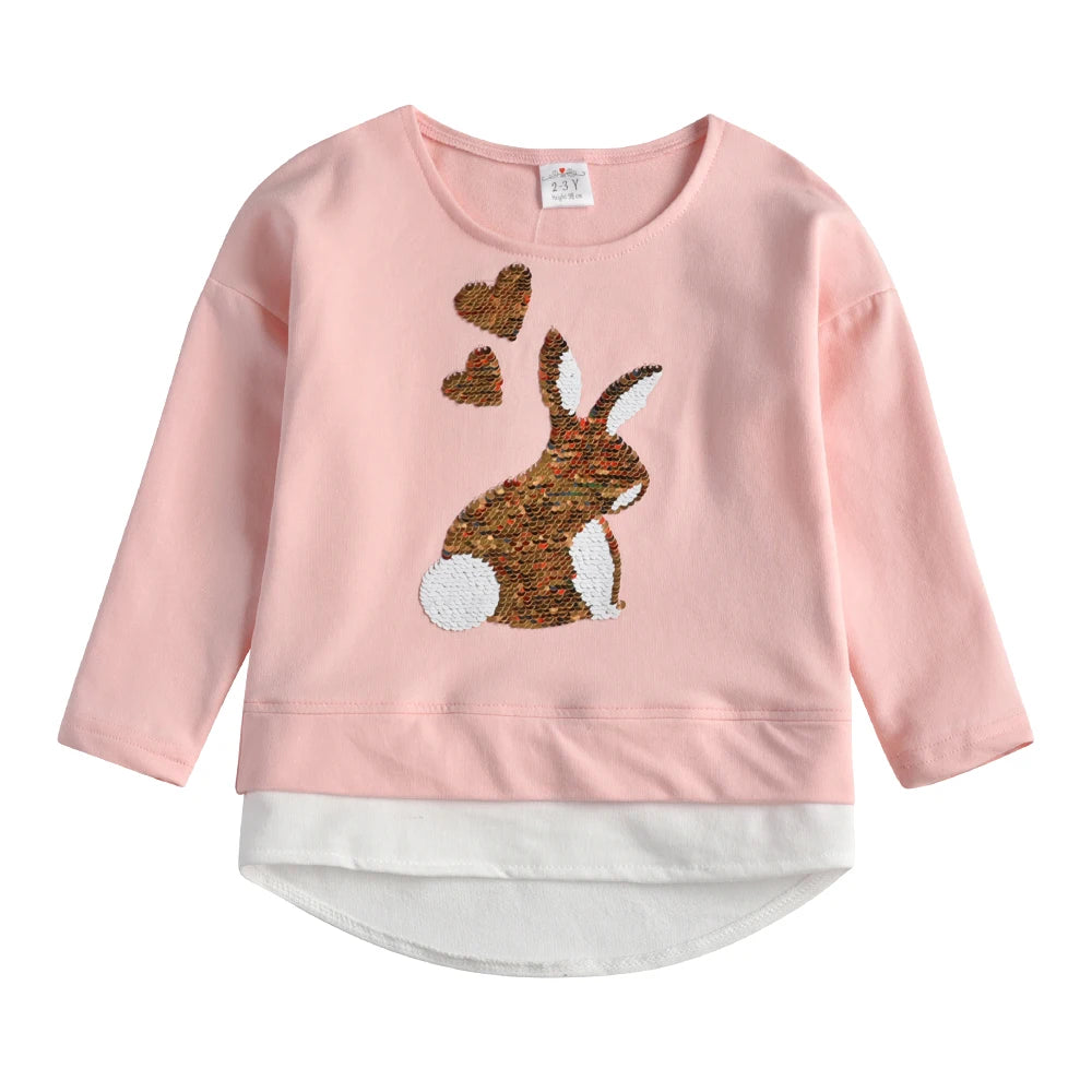 VIKITA Girl Long Sleeve Autumn Spring O Neck T Shirt Kids Rabbit Sequined Appliqued Cotton Casual Tops and Tees Children Clothes
