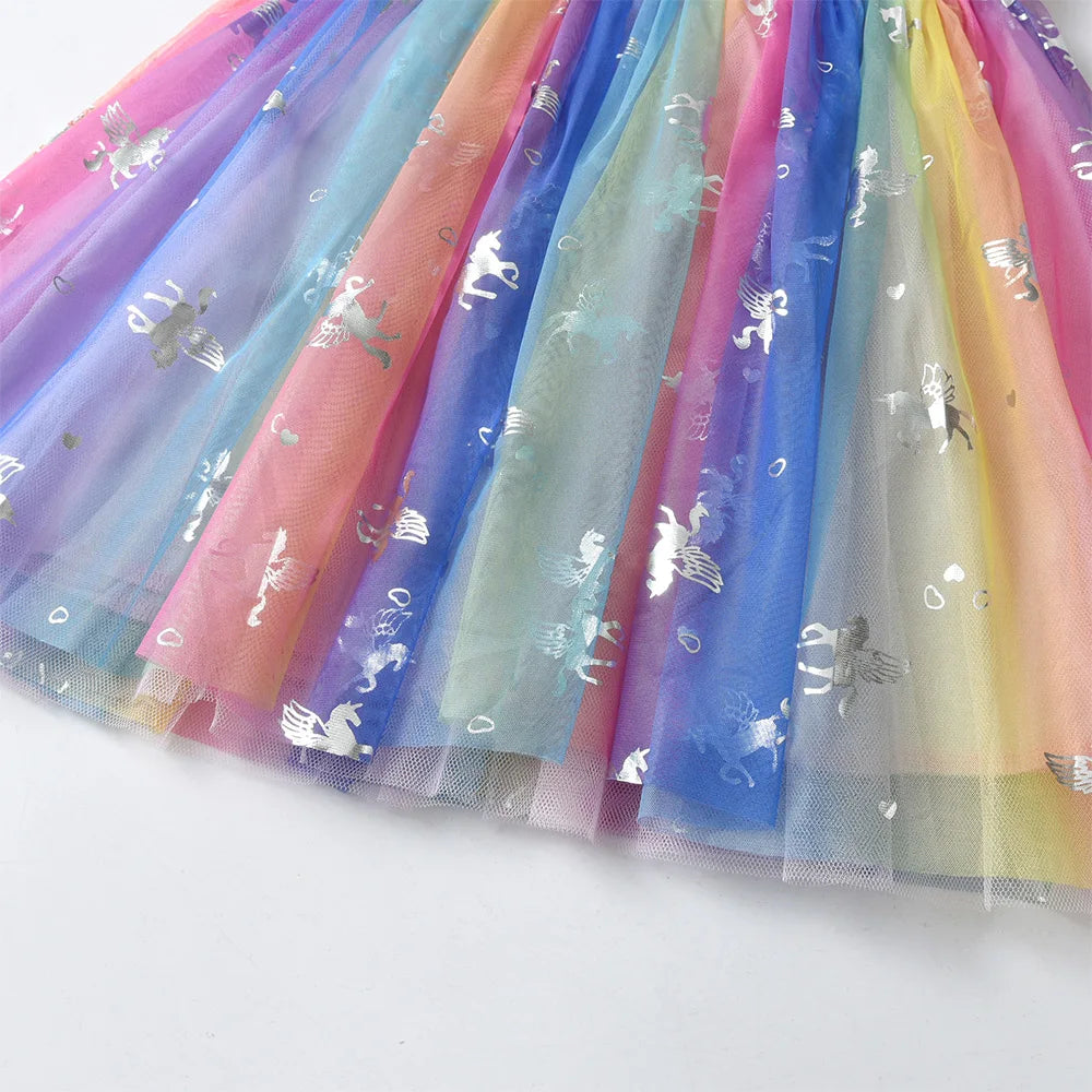 VIKITA Girls Tutu Dress Toddlers Summer Flare Sleeve Princess Dresses Girl Unicorn Cartoon Party Layered Dress Children Clothing