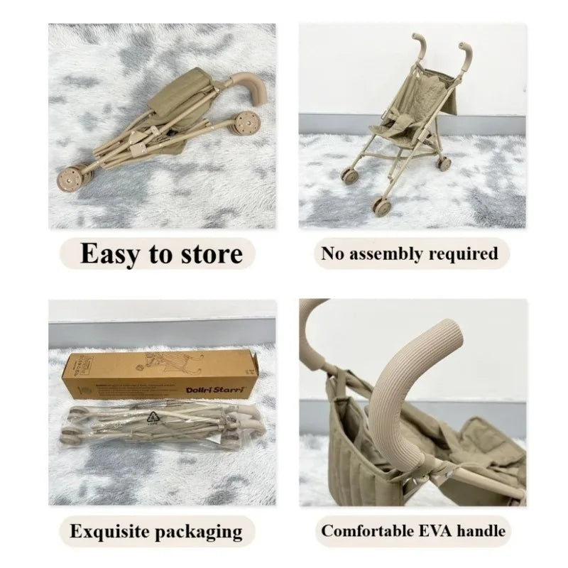 Folding Umbrella Doll Stroller for Girls Soft Embroidery with Sturdy Metal Frame Pretend Play with Dolls Christmas Gift for Kids