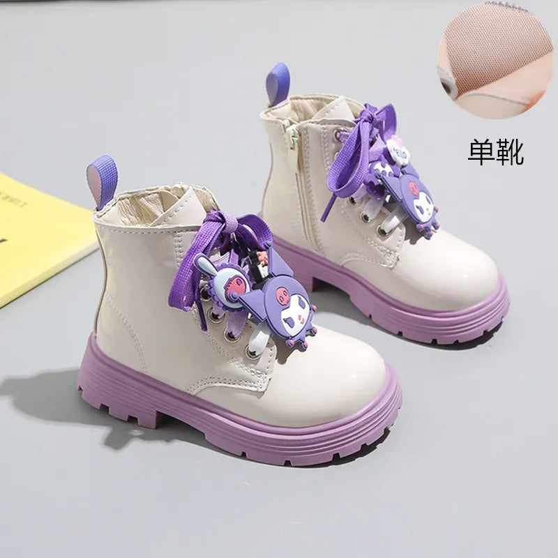 Kids'Casual Shoes Boots PU Leather Cartoon Kuromi Spring Shoes For Girls Anti-slip Lace Beige Black  Shoes Size 26-36