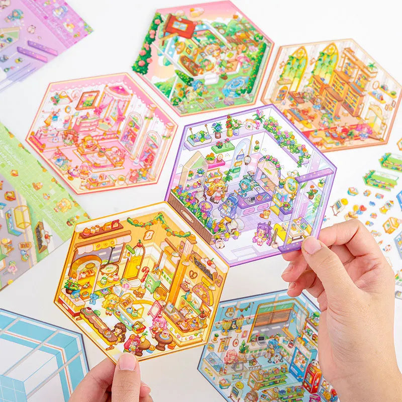 DIY 3D Sticker+Tweezers Cartoon Pocket Princess Room Scene Stacking and Pasting Festival Birthday Gift for Kid Child Student