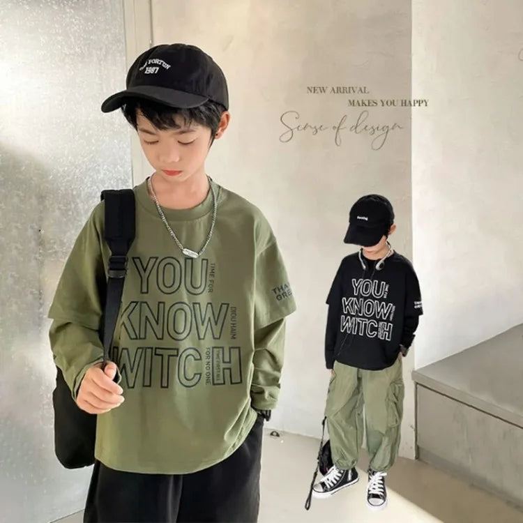 Letter Print Children's Clothes Boys Child T-shirt Long Sleeve Tshirt Clothing 7 12 Years Boy's Kids Wear T-shirts Top Oversized