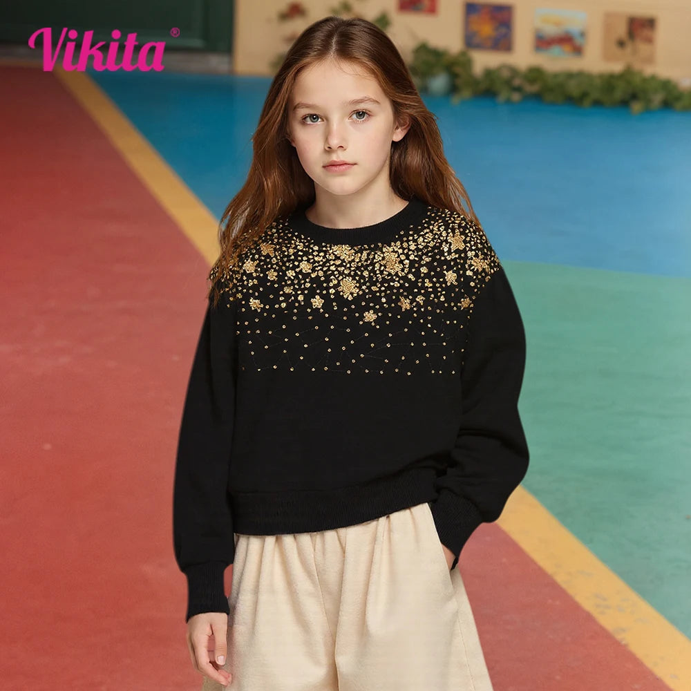 VIKITA Girls Golden Starry Sweatshirts Teenagers Fall Spring Sports Wear Girls Casual Cotton Soft Tops Kids Sweatshirts Costumes